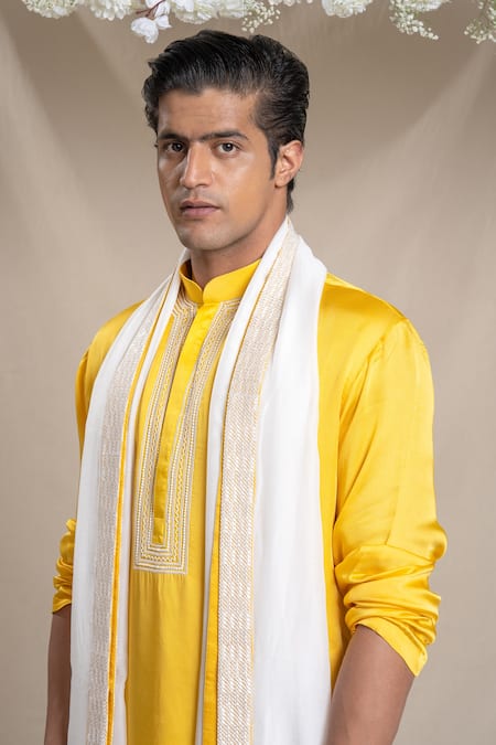 Buy_Sanjev Marwaaha_Yellow Cotton, Silk, Modal Sequins, Cut Work, Embellished Placket Kurta Pant Set_Online_at_Aza_Fashions