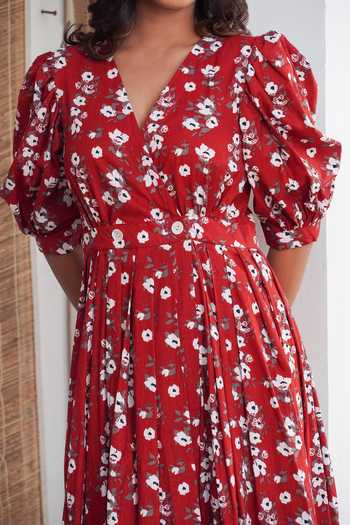 Rivaaj Clothing_Red Floral Wrap-around Dress _at_Aza_Fashions