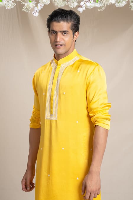 Shop_Sanjev Marwaaha_Yellow Cotton, Silk, Modal Sequins, Cut Work, Embellished Placket Kurta Pant Set_Online_at_Aza_Fashions