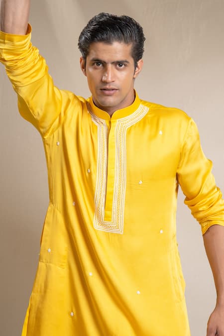 Sanjev Marwaaha_Yellow Cotton, Silk, Modal Sequins, Cut Work, Embellished Placket Kurta Pant Set_at_Aza_Fashions
