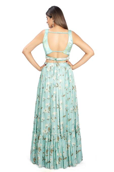 Vana Ethnics Blue Satin, Viscose Embroidery, Floral Print Ruffle Jacket And Lehenga Set For Kids Online at Aza Fashions Vana Ethnics_Blue Satin, Viscose Embroidery, Floral Print Ruffle Jacket And Lehenga Set For Kids_Online_at_Aza_Fashions