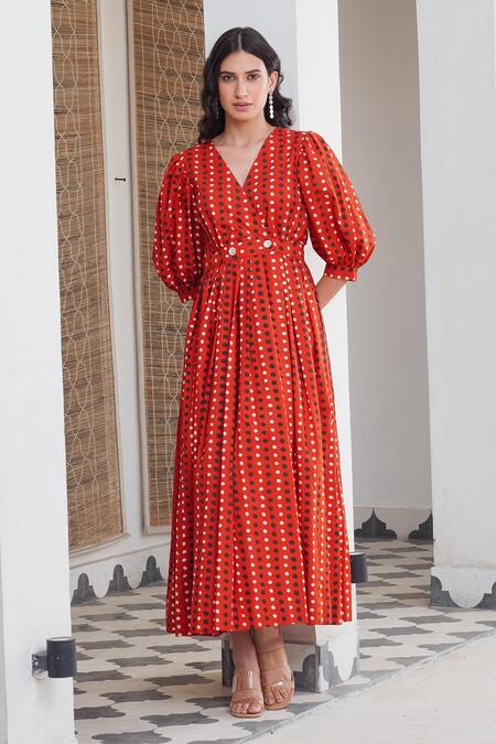 Rivaaj Clothing_Red Polka Dot Print Wrap Dress _Online_at_Aza_Fashions