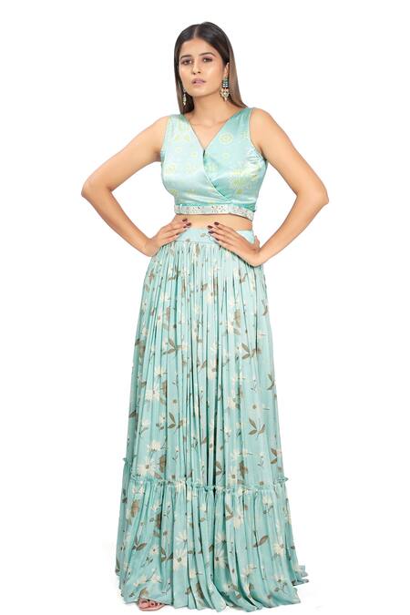 Buy Vana Ethnics Blue Satin, Viscose Embroidery, Floral Print Ruffle Jacket And Lehenga Set For Kids Online at Aza Fashions Buy_Vana Ethnics_Blue Satin, Viscose Embroidery, Floral Print Ruffle Jacket And Lehenga Set For Kids_Online_at_Aza_Fashions