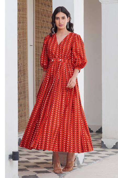 Buy_Rivaaj Clothing_Red Polka Dot Print Wrap Dress _Online_at_Aza_Fashions