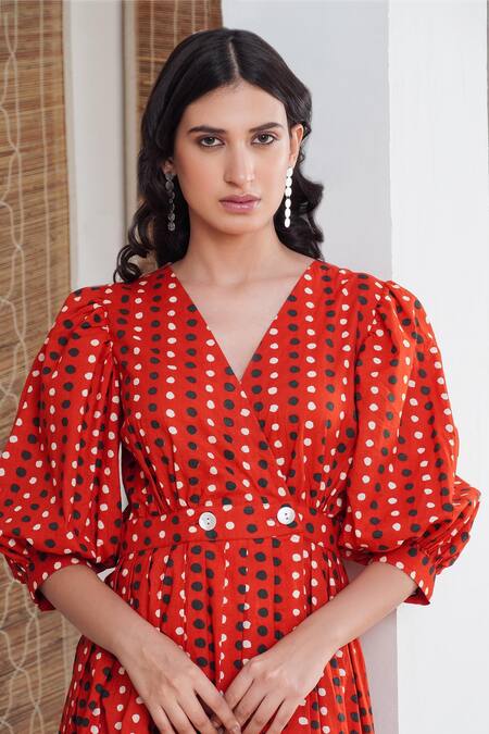 Shop_Rivaaj Clothing_Red Polka Dot Print Wrap Dress _Online_at_Aza_Fashions