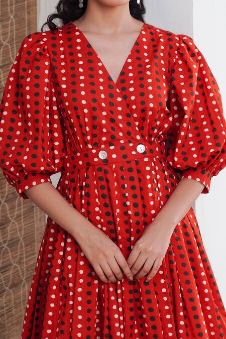 Rivaaj Clothing_Red Polka Dot Print Wrap Dress _at_Aza_Fashions