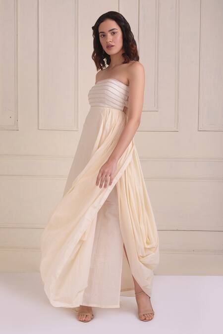 Shwetanga_Ivory Cotton Embroidery Square Neck Organic Cowl Draped Gown _Online_at_Aza_Fashions