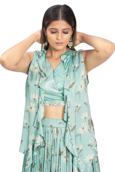 Shop Vana Ethnics Blue Satin, Viscose Embroidery, Floral Print Ruffle Jacket And Lehenga Set For Kids Online at Aza Fashions Shop_Vana Ethnics_Blue Satin, Viscose Embroidery, Floral Print Ruffle Jacket And Lehenga Set For Kids_Online_at_Aza_Fashions