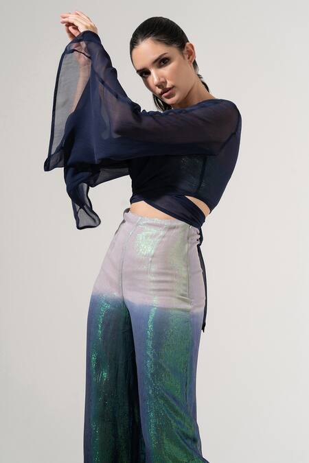 Amrta By Guneet Kondal_Blue Viscose, Georgette Sequins, Glitter V-neck, Halter Sheer Top Ombre Pant Set_Online_at_Aza_Fashions