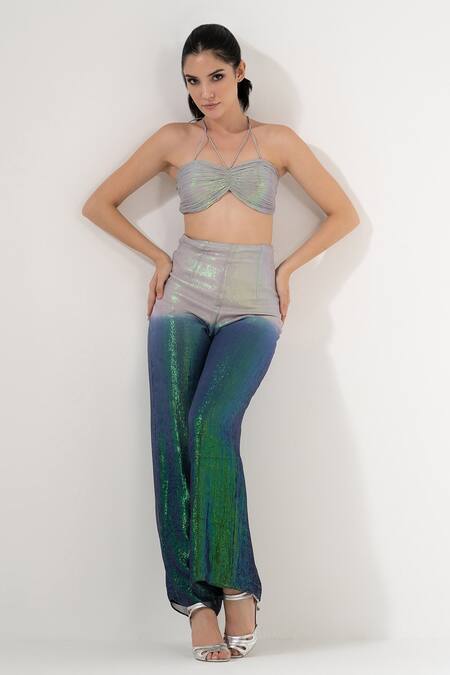 Buy_Amrta By Guneet Kondal_Blue Viscose, Georgette Sequins, Glitter V-neck, Halter Sheer Top Ombre Pant Set_Online_at_Aza_Fashions