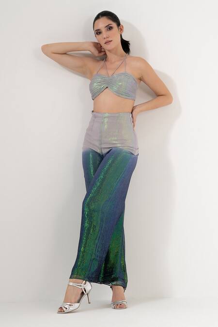 Shop_Amrta By Guneet Kondal_Blue Viscose, Georgette Sequins, Glitter V-neck, Halter Sheer Top Ombre Pant Set_Online_at_Aza_Fashions