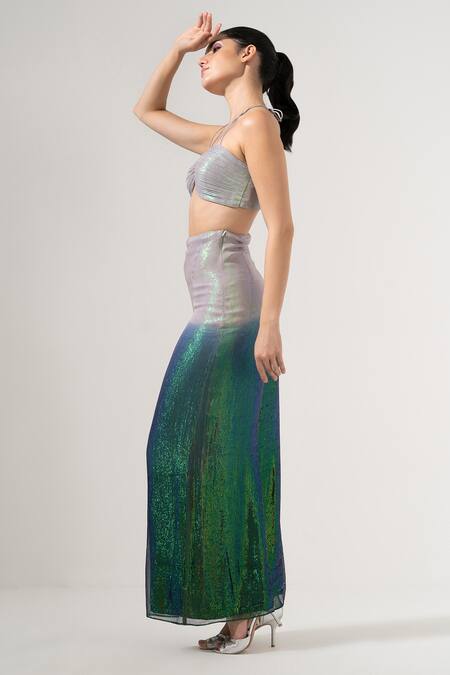 Buy_Amrta By Guneet Kondal_Blue Viscose, Georgette Sequins, Glitter V-neck, Halter Sheer Top Ombre Pant Set