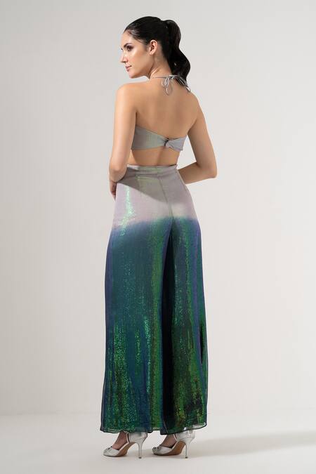 Shop_Amrta By Guneet Kondal_Blue Viscose, Georgette Sequins, Glitter V-neck, Halter Sheer Top Ombre Pant Set