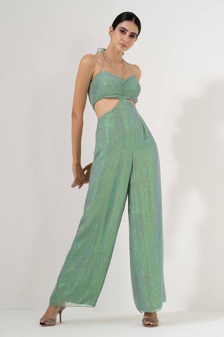 Amrta By Guneet Kondal_Green Viscose, Georgette Sweetheart Neck Cut Out Jumpsuit_Online_at_Aza_Fashions