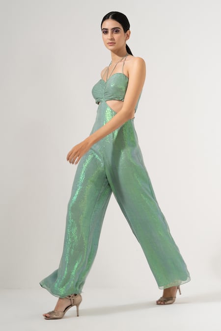 Buy_Amrta By Guneet Kondal_Green Viscose, Georgette Sweetheart Neck Cut Out Jumpsuit_Online_at_Aza_Fashions