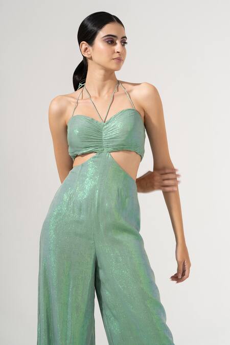 Shop_Amrta By Guneet Kondal_Green Viscose, Georgette Sweetheart Neck Cut Out Jumpsuit_Online_at_Aza_Fashions