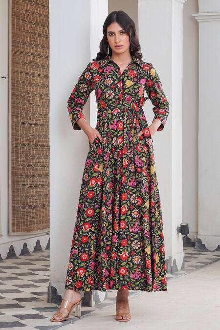 Rivaaj Clothing_Multi Color Floral Shirt Collar Maxi Dress _Online_at_Aza_Fashions