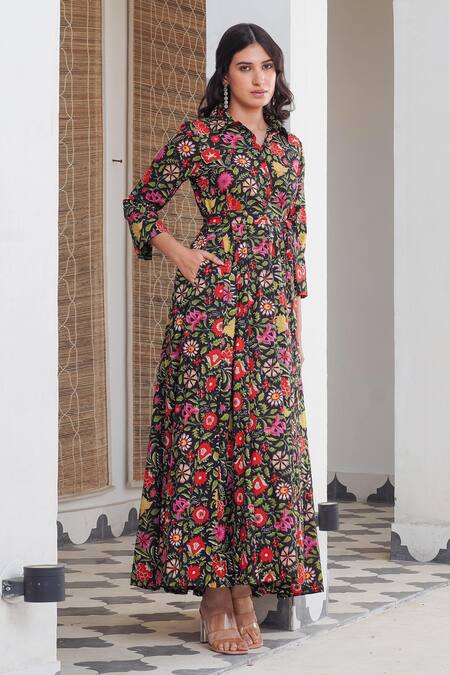 Shop_Rivaaj Clothing_Multi Color Floral Shirt Collar Maxi Dress _Online_at_Aza_Fashions