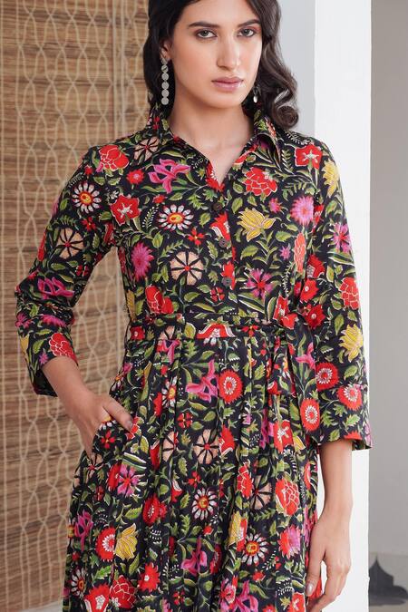 Rivaaj Clothing_Multi Color Floral Shirt Collar Maxi Dress _at_Aza_Fashions