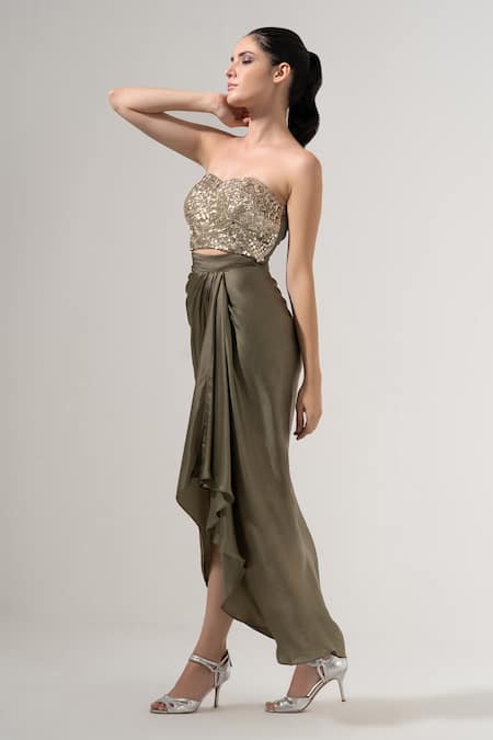 Shop_Amrta By Guneet Kondal_Green Viscose, Satin Beads Sweetheart Neck Embroidered Bustier And Skirt Set _Online_at_Aza_Fashions