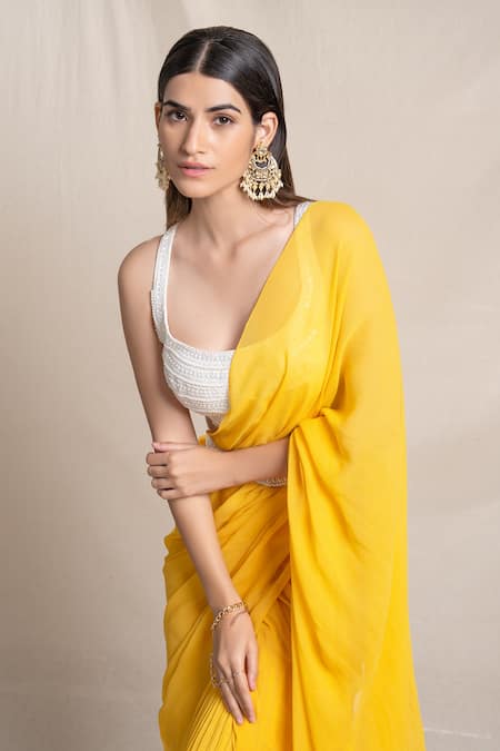Sanjev Marwaaha Yellow Modal And Georgette Embroidery Dori & Floral Pre-draped Saree With Blouse Online at Aza Fashions Sanjev Marwaaha_Yellow Modal And Georgette Embroidery Dori & Floral Pre-draped Saree With Blouse_Online_at_Aza_Fashions