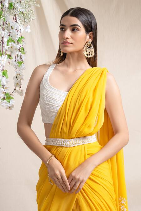 Buy Sanjev Marwaaha Yellow Modal And Georgette Embroidery Dori & Floral Pre-draped Saree With Blouse Online at Aza Fashions Buy_Sanjev Marwaaha_Yellow Modal And Georgette Embroidery Dori & Floral Pre-draped Saree With Blouse_Online_at_Aza_Fashions