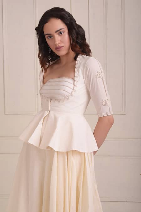 Shwetanga_Ivory Cotton Embroidery Round , Scoop Organic Draped Gown And Jacket Set _Online_at_Aza_Fashions