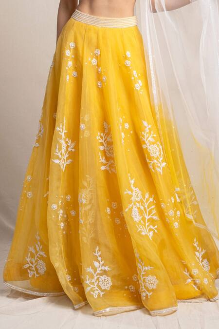 Sanjev Marwaaha Yellow Organza, Tulle, Modal Pearls, Sequins, Cut Floral Embroidered Lehenga Set Online at Aza Fashions Sanjev Marwaaha_Yellow Organza, Tulle, Modal Pearls, Sequins, Cut Floral Embroidered Lehenga Set_Online_at_Aza_Fashions