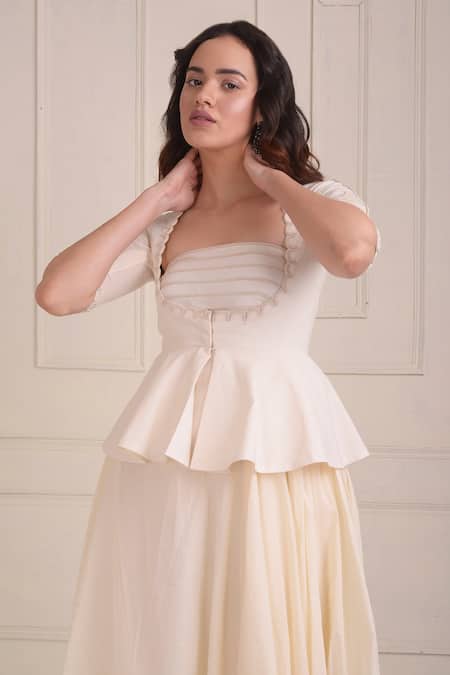 Buy_Shwetanga_Ivory Cotton Embroidery Round , Scoop Organic Draped Gown And Jacket Set _Online_at_Aza_Fashions