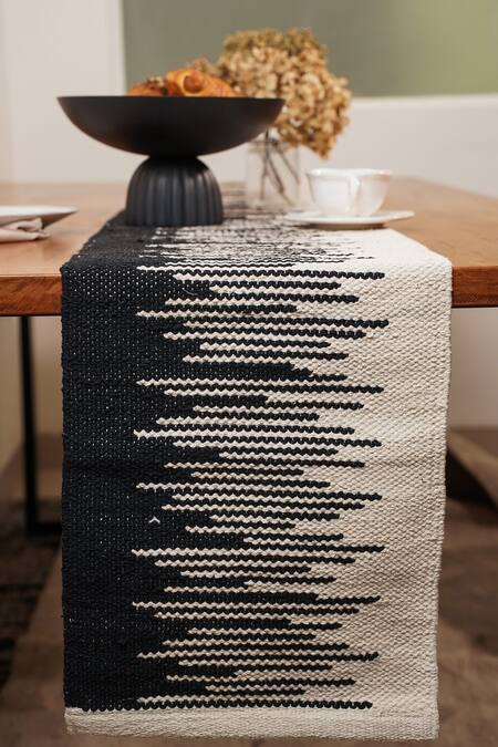 The Kargha Story_Black 100% Natural Cotton Woven Monochromic Rhythm Table Runner_Online_at_Aza_Fashions