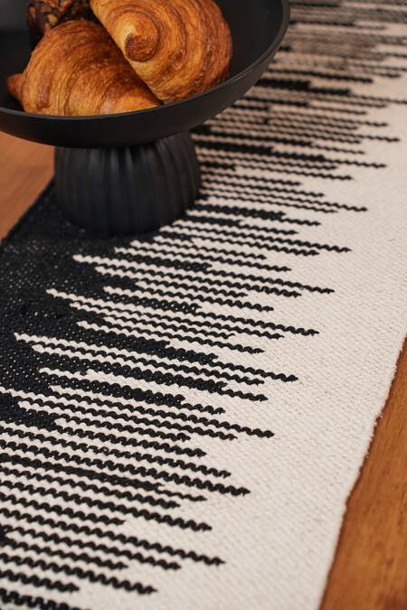 Shop_The Kargha Story_Black 100% Natural Cotton Woven Monochromic Rhythm Table Runner_Online_at_Aza_Fashions