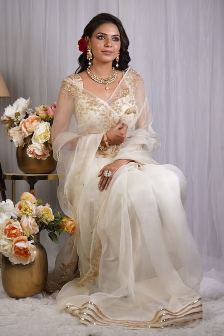 Buy_Gul By Aishwarya_Cream Saree Silk Organza Hand Embroidered Cutdana Sweetheart Neck And Blouse _Online_at_Aza_Fashions