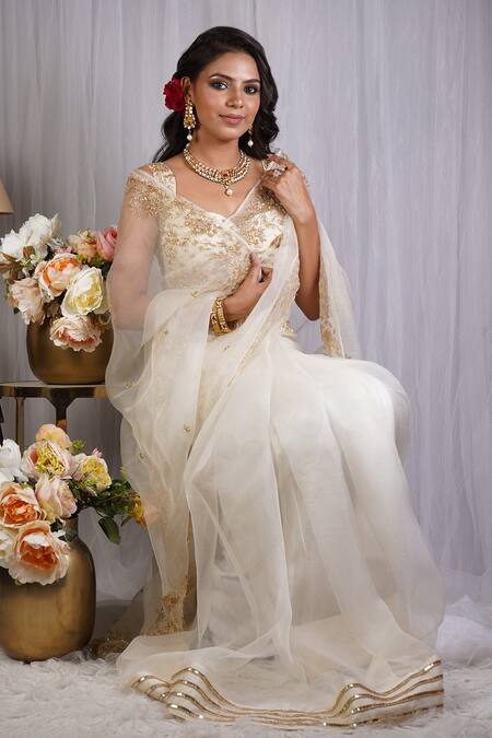 Shop_Gul By Aishwarya_Cream Saree Silk Organza Hand Embroidered Cutdana Sweetheart Neck And Blouse _Online_at_Aza_Fashions