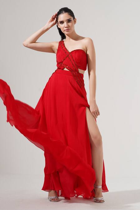 Amrta By Guneet Kondal_Red Viscose Beads One Shoulder Gown _Online_at_Aza_Fashions