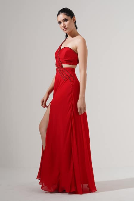 Shop_Amrta By Guneet Kondal_Red Viscose Beads One Shoulder Gown _Online_at_Aza_Fashions