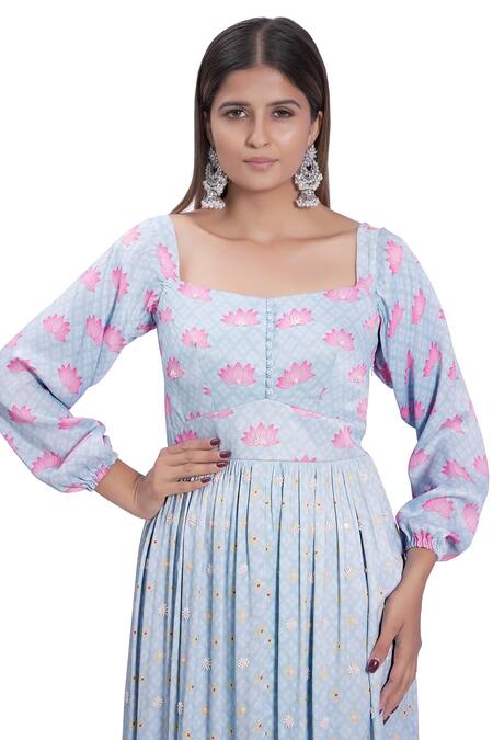 Vana Ethnics Blue Viscose And Satin Sequin & Beads, Kamal Talai Print Square Neck Gown Online at Aza Fashions Vana Ethnics_Blue Viscose And Satin Sequin & Beads, Kamal Talai Print Square Neck Gown _Online_at_Aza_Fashions