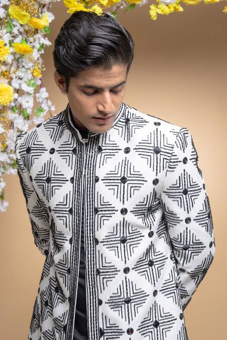 Shop Sanjev Marwaaha Ivory Cotton, Silk Crystals, Embroidery Geometric Bandhgala Set Online at Aza Fashions Shop_Sanjev Marwaaha_Ivory Cotton, Silk Crystals, Embroidery Geometric Bandhgala Set_Online_at_Aza_Fashions