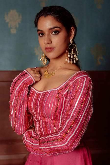 Buy_LAHARIO_Pink , Organza Sequins, Stones Embellished Blouse Flared Pant Set _Online_at_Aza_Fashions