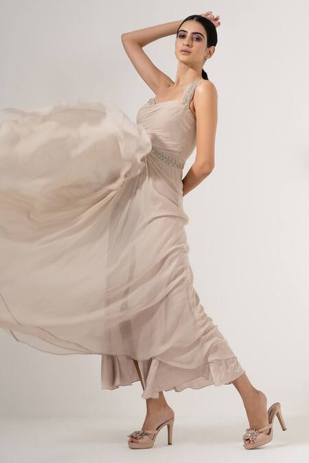 Amrta By Guneet Kondal_Off White Viscose Plunge Neck Hand Beaded Gown _Online_at_Aza_Fashions
