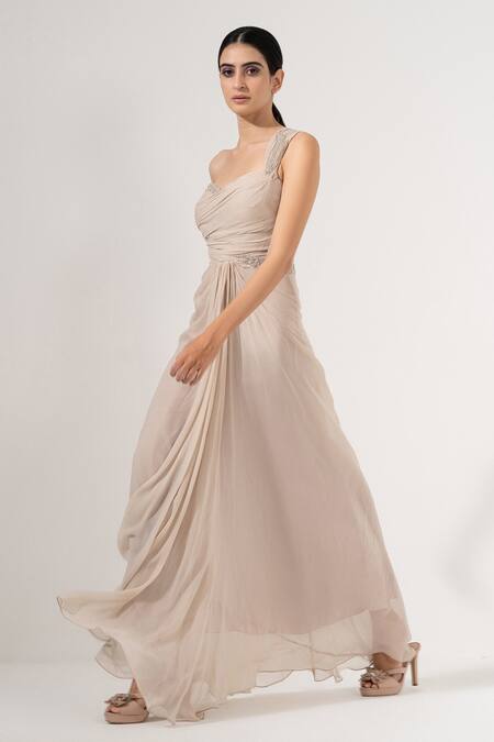 Buy_Amrta By Guneet Kondal_Off White Viscose Plunge Neck Hand Beaded Gown _Online_at_Aza_Fashions