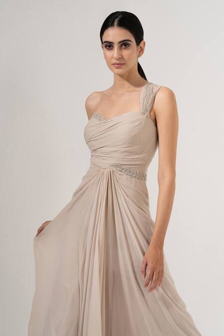 Shop_Amrta By Guneet Kondal_Off White Viscose Plunge Neck Hand Beaded Gown _Online_at_Aza_Fashions