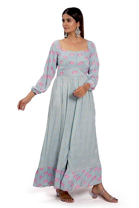 Buy Vana Ethnics Blue Viscose And Satin Sequin & Beads, Kamal Talai Print Square Neck Gown Online at Aza Fashions Buy_Vana Ethnics_Blue Viscose And Satin Sequin & Beads, Kamal Talai Print Square Neck Gown _Online_at_Aza_Fashions