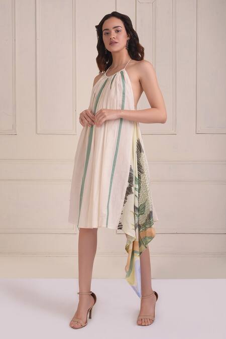 Buy_Shwetanga_Ivory Cotton Mirrors Halter Neck Organic Dress _Online_at_Aza_Fashions