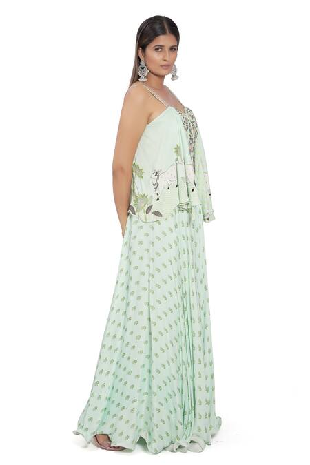 Vana Ethnics_Green Viscose And Satin Beads & Cutdana, Sequin, Kadakara Corset & Palazzo Set _at_Aza_Fashions