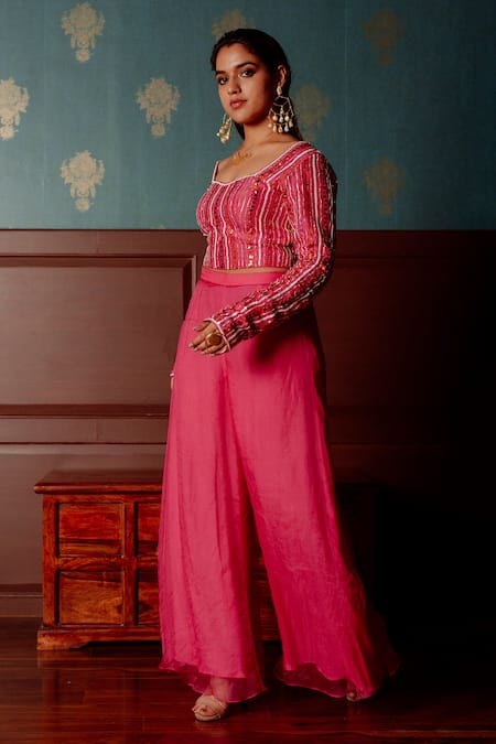 Shop_LAHARIO_Pink , Organza Sequins, Stones Embellished Blouse Flared Pant Set _Online_at_Aza_Fashions