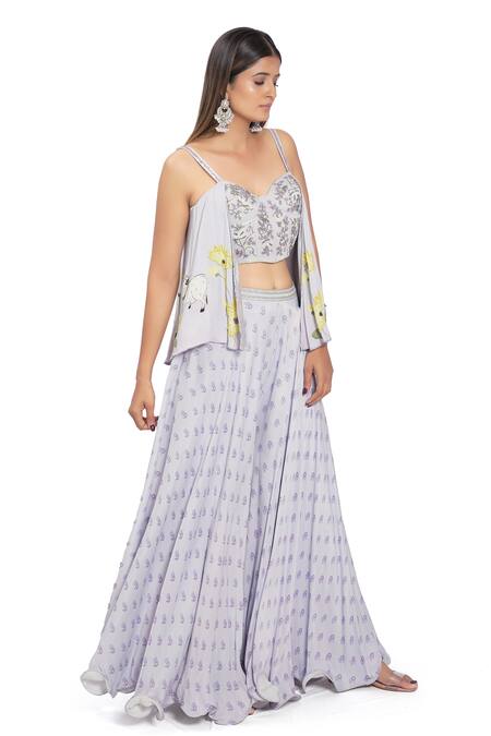 Vana Ethnics_Purple Viscose And Satin Beads & Cutdana, Floral Embroidered Corset & Palazzo Set _Online_at_Aza_Fashions