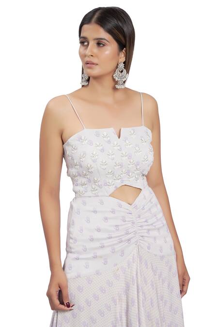 Vana Ethnics_Purple Satin And Viscose Sequin & Cutdana, Kadakara Print Notched Strappy Gown _Online_at_Aza_Fashions