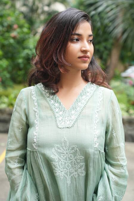 Shop_Pants And Pajamas_Green Chanderi Embroidery V-neck Origami Moss Chikankari Top _Online_at_Aza_Fashions