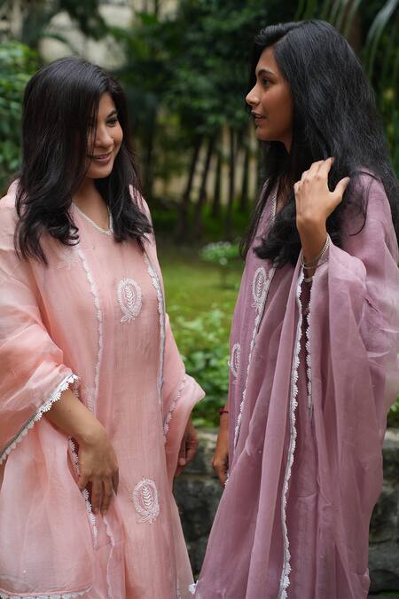 Pants And Pajamas_Purple , Popsicle Lilac Lace Trim Kurta Pant And Dupatta - Set Of 3 _Online_at_Aza_Fashions