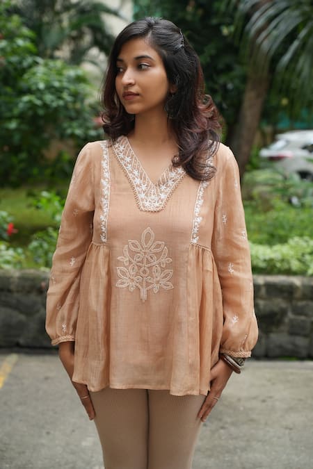 Buy_Pants And Pajamas_Beige Chanderi Embroidery V-neck Origami Chikankari Top _Online_at_Aza_Fashions